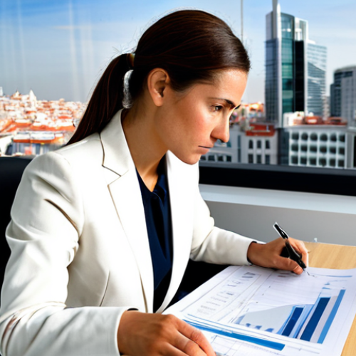 Home 6 The Confident Credit Analyst**
A focused credit analyst, fully clothed in a professional business suit, working at a modern desk in a bright office in Madrid. She is reviewing financial documents with a serious, yet approachable expression. The background includes a blurred view of the city skyline. Perfect anatomy, correct proportions, natural pose, well-formed hands, proper finger count, professional lighting, safe for work, appropriate content, fully clothed, professional, modest, family-friendly.
**