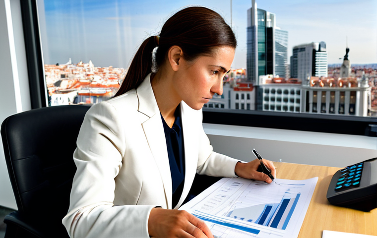 The Confident Credit Analyst**
A focused credit analyst, fully clothed in a professional business suit, working at a modern desk in a bright office in Madrid. She is reviewing financial documents with a serious, yet approachable expression. The background includes a blurred view of the city skyline. Perfect anatomy, correct proportions, natural pose, well-formed hands, proper finger count, professional lighting, safe for work, appropriate content, fully clothed, professional, modest, family-friendly.
**