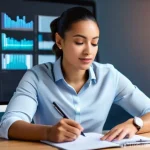 신용분석사 경력자가 알려주는 팁 - **Prompt:** A young, diverse adult (e.g., a Latina woman or a Latino man) sits at a modern desk, att...