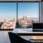 신용분석사와 ESG 분석의 관계 - A modern corporate office setting in Madrid, Spain, showcasing a diverse group of financial analysts...