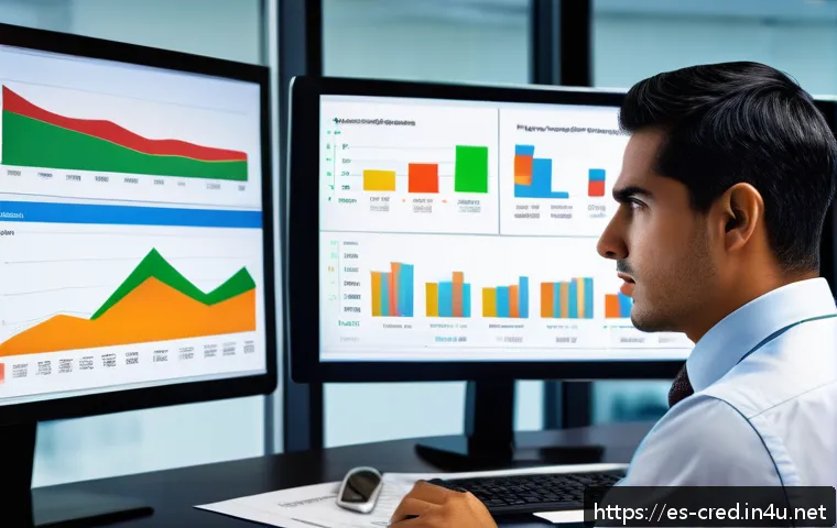 신용분석사 실무에서 활용되는 주요 스킬 - A detailed modern office scene in a Latin American city, showing a financial analyst reviewing compl...