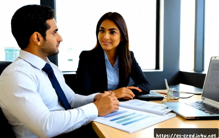 신용분석사 채용 과정 A to Z - Photorealistic recruitment interview for a credit analyst position in a modern Spanish financial off...